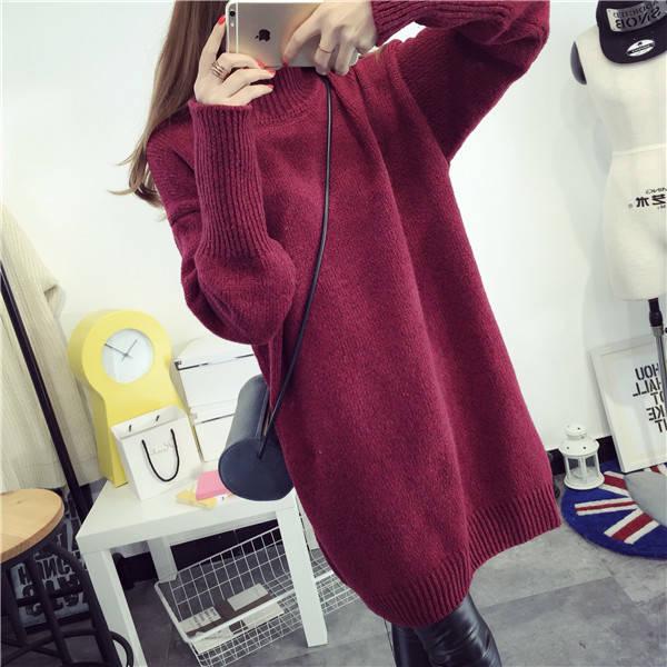 Winter Sweater Dress Women Casual Mid-length Raglan Sleeves Turtleneck Knit Pullovers Women