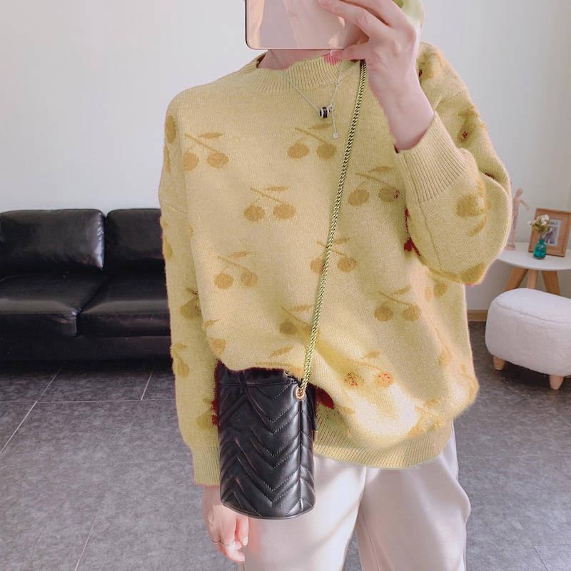Women Knitwear O-Neck Loose Solid Color Cherry or Heart Print Sweater Pullover Jumper Top