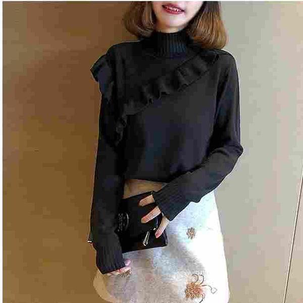 Autumn and Winter Half High Neck Sweater Fungus Lace Slim Long Sleeve Sweater