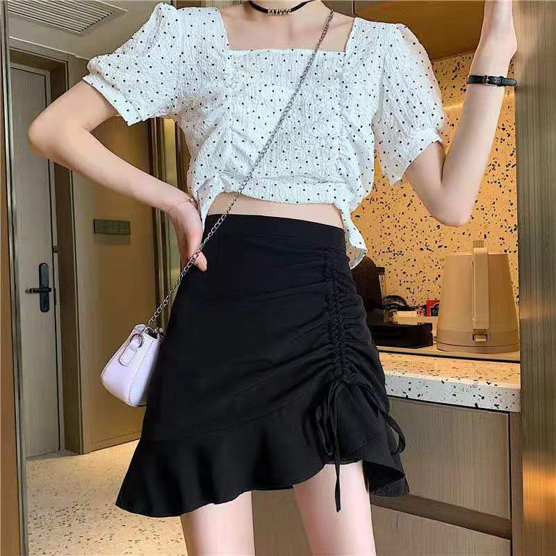 Women Sexy Tight Drawstring Mermaid Skirt A-line Pleated Skirt High Waist Hip Skirt  Elastic Waist Club Casual Home Office