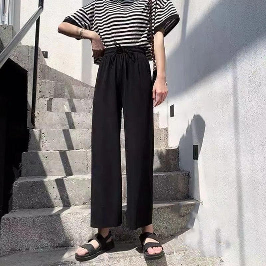 Ice Silk Pendant Nine-point Wide-leg Pants Women's Spring and Summer High-waisted Thin Casual Pants Loose Straight Pants
