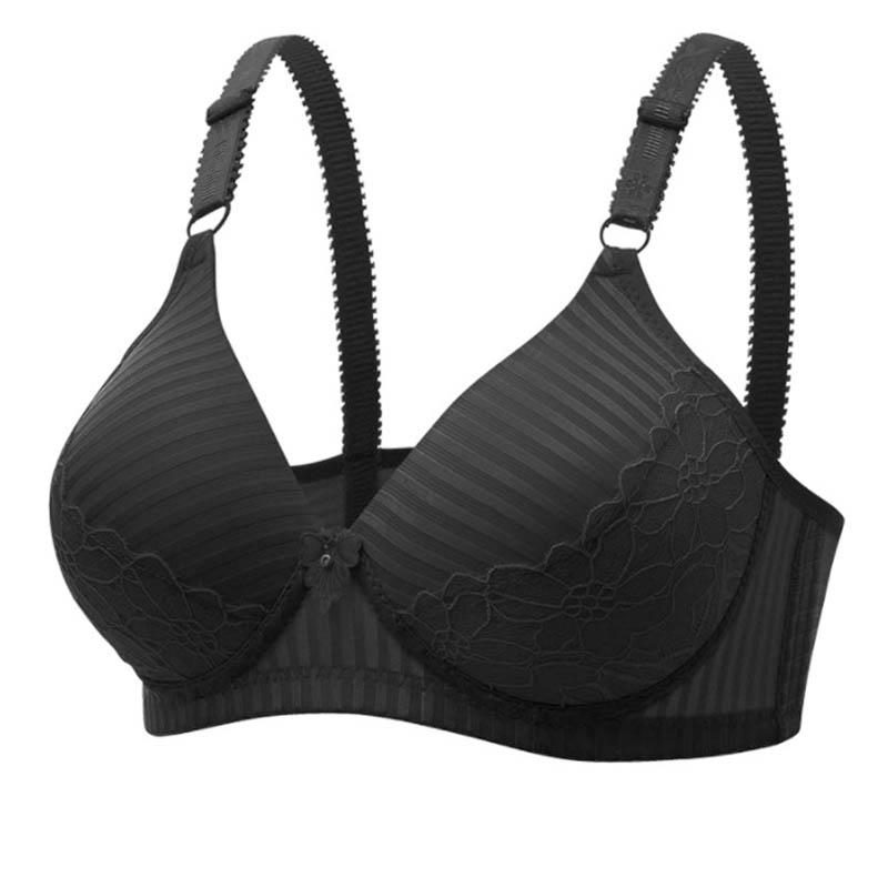 Ladies Gather Bra No Steel Rings Non Magnetic Underwear Lined Sponge Cover Anti-sagging Anti-glare Simple Sexy Lace Striped Bra