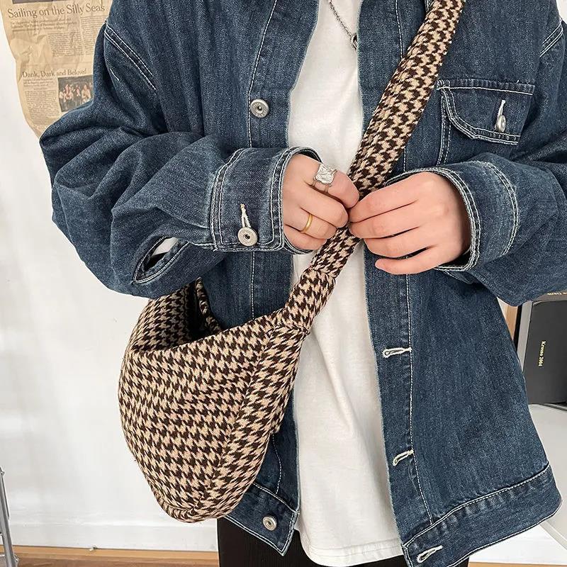 Women Houndstooth Diagonal Bag Canvas Travel Casual Large Daily Shoulder Tote Shopper Handbag Simple