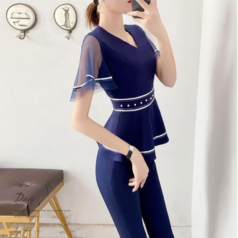 Professional Wear Temperament Goddess Fan Pants Two-piece Blue Waist Shirt + Loose Flared Pants Ladies Simple Suit