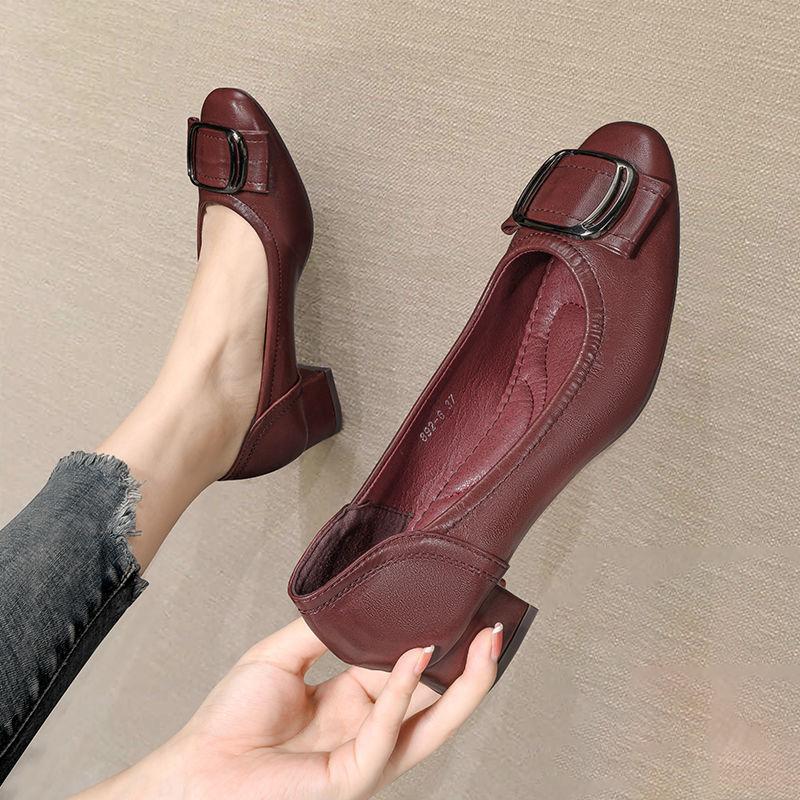 All-match Shallow Mouth Thick Heel Single Shoes Women Soft Leather Grandma Shoes Mid-heel Women Leather Shoes Women Work Shoes