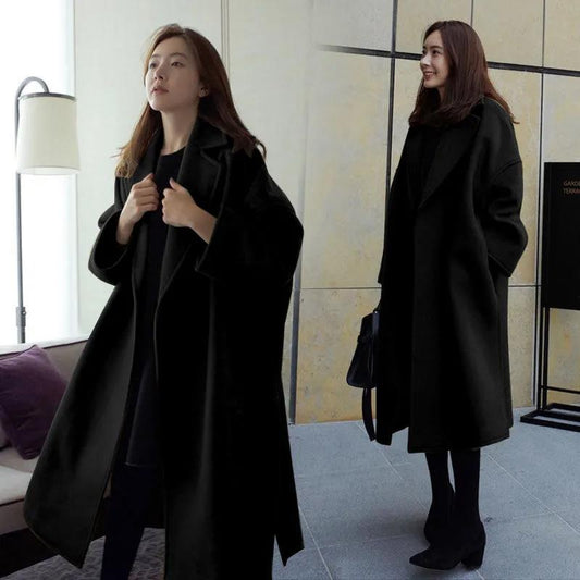 Autumn and Winter Woolen Coat Korean Fashion Woolen Coat Women's Thicker Plus Size Mid-length Over-the-knee Coat