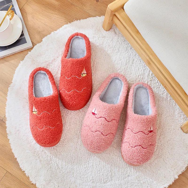 Winter Slippers Couple Cotton Shoes Flat Non Slip Home Indoor Women Slippers Thick Fleece Warm Men Slides