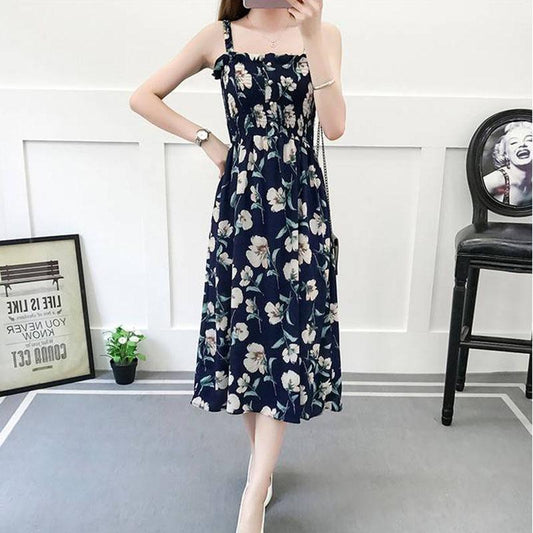 Bohemian Slim and Fresh Suspender Wrapped In Chest Floral Chiffon Dress Women's Summer Vacation Beach Skirt