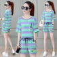 Cotton Striped Sports Suit Women Loose Round Neck Short Sleeve Tethered Shorts Two-piece Running Casual Wear Cute Home Wear Pajamas