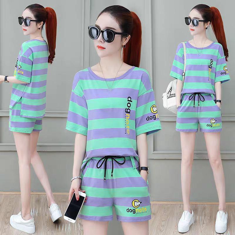 Cotton Striped Sports Suit Women Loose Round Neck Short Sleeve Tethered Shorts Two-piece Running Casual Wear Cute Home Wear Pajamas