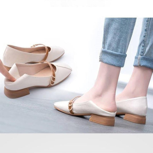 Soft Leather Single Shoes Women Shallow Mouth Flat Casual Shoes Thick Heel Mid-heel High Heels Square Toe Ladies Shoes