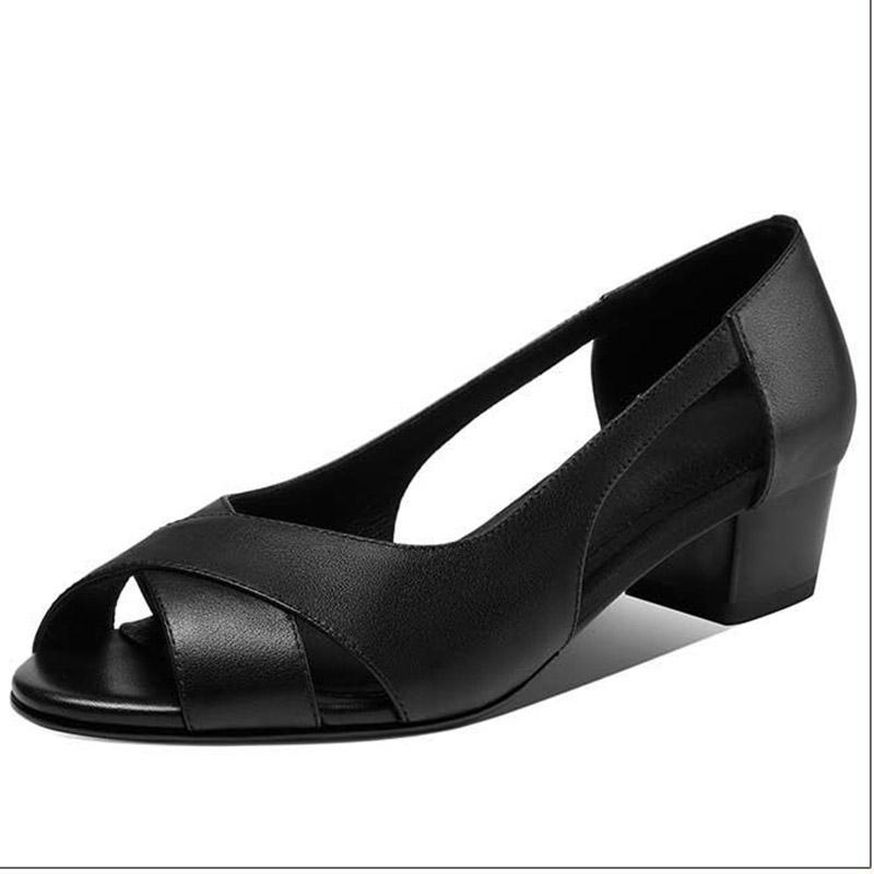 Real Soft Leather Fish Mouth Thick Heel Sandals Spring and Summer New Fashion Hollow Roman Middle Heel Sandals Women