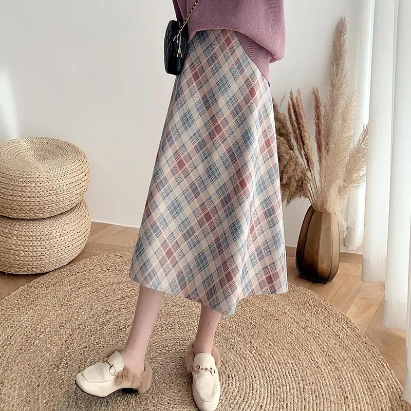 Woolen Plaid Skirt Female Autumn and Winter Mid-length A-line Skirt High Waist Slimming Knee-length Umbrella Skirt