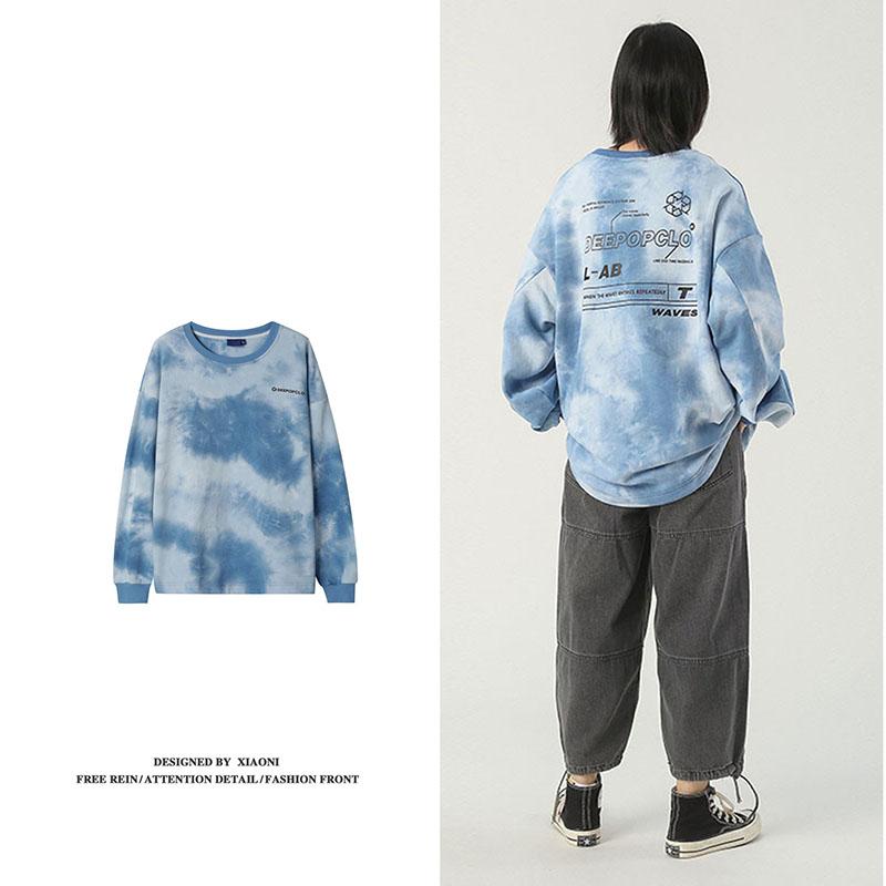 Spring  Autumn Thin Casual Long-sleeved Letter Printing Pullover Sweatshirt Tops Ladies O- Neck Tie-dye Hoodies