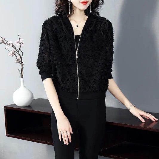 Long Sleeve Jacket Summer Women's Loose Jacket Casual Sunscreen Thin Print Transparent Flocked Baseball Uniform
