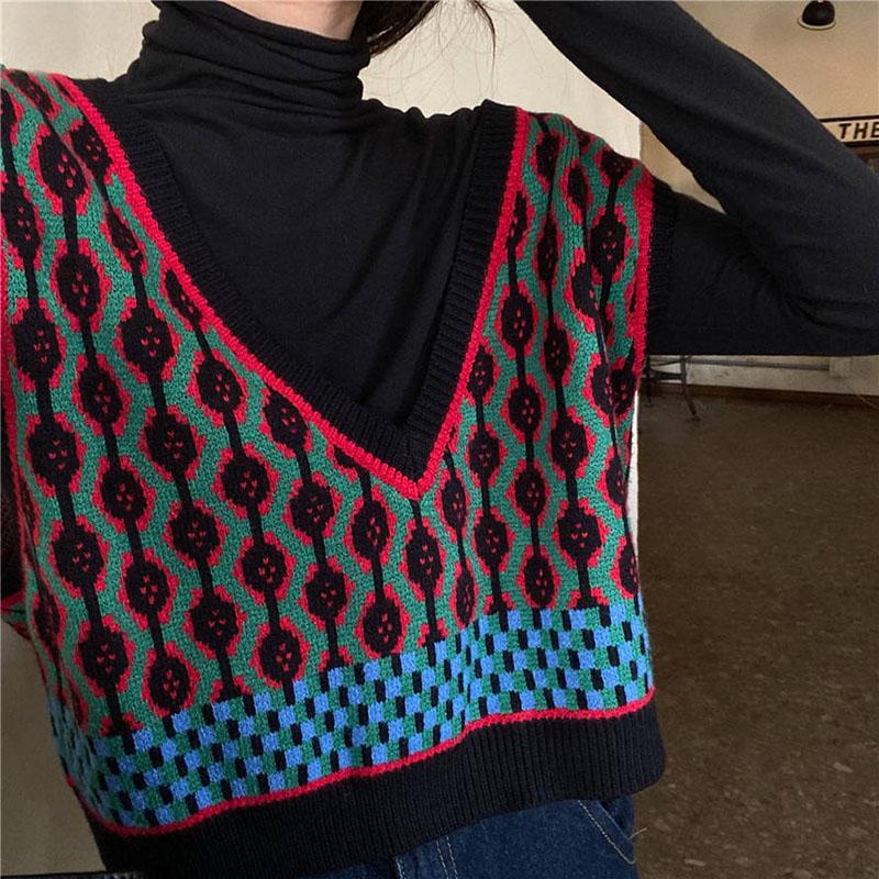 Vintage Casual Sleeveless V-Neck Knitted Sweaters Vest Female Loose Sweater Pullover Japanese Style