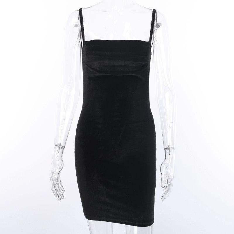 French Sexy Sling Black Dress Temperament Slim Slimming Buttocks Short Skirt Spring Summer Velvet Dress