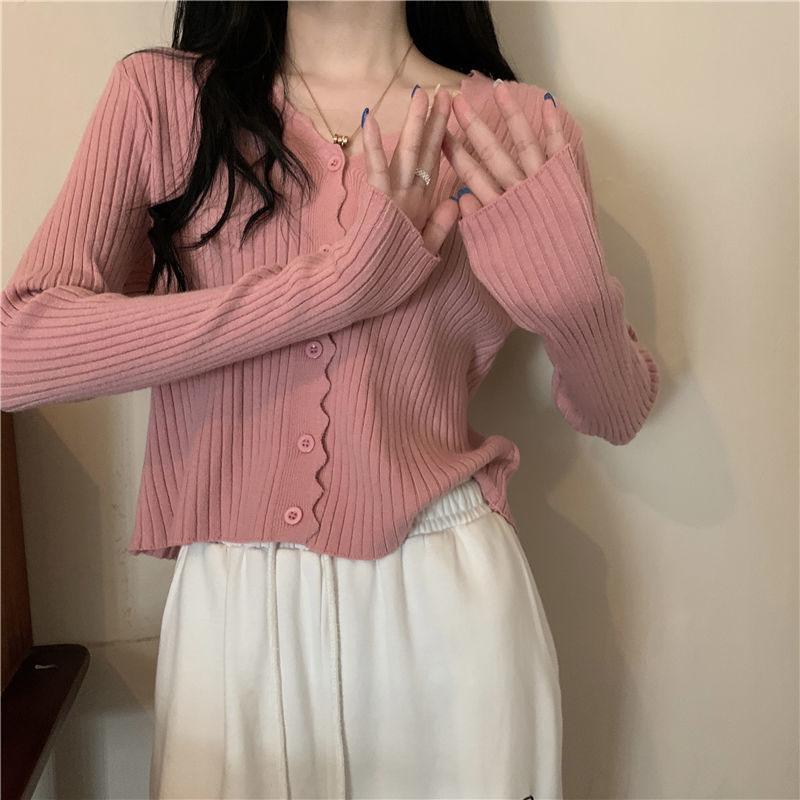 Early Autumn V-neck Sweater Long-sleeved Cardigan Sweater Small Coat All-match Female Gentle Wind Ladies Slim Pure Color Simple Top