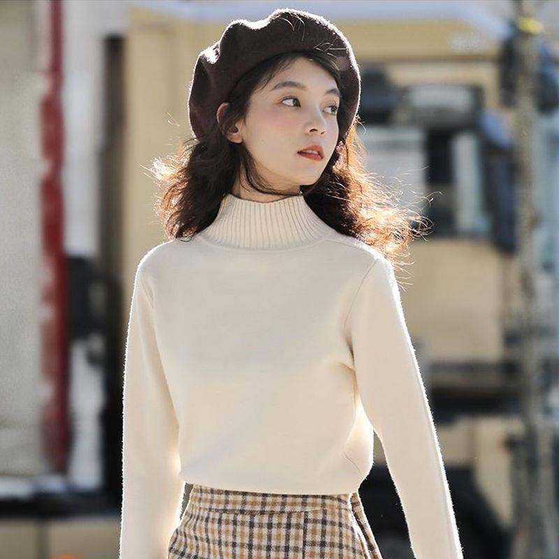 Pofulove Autumn Half Turtleneck Sweater Women Bottoming Shirt Black Long-sleeved Slim Pullover Shirt