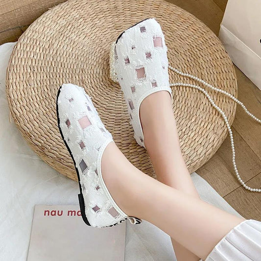 Hollow Cloth Shoes Women's Cotton Linen Lining Sweat-absorbent Breathable Flat-soled Shoes Comfortable Lightweight Non-slip Rubber Soles