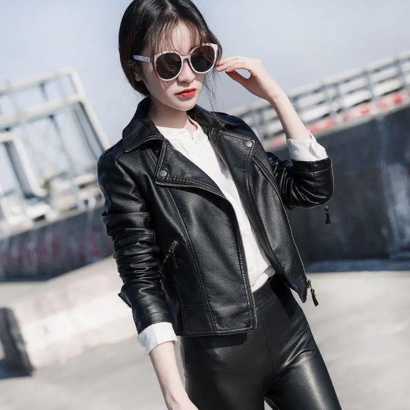 Autumn and Winter Leather Jacket Black Motorcycle Leather Jacket Short PU Leather Jacket for Women