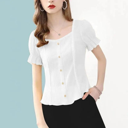 Women's Summer Square Neck Top Loose Chiffon Puff Sleeves