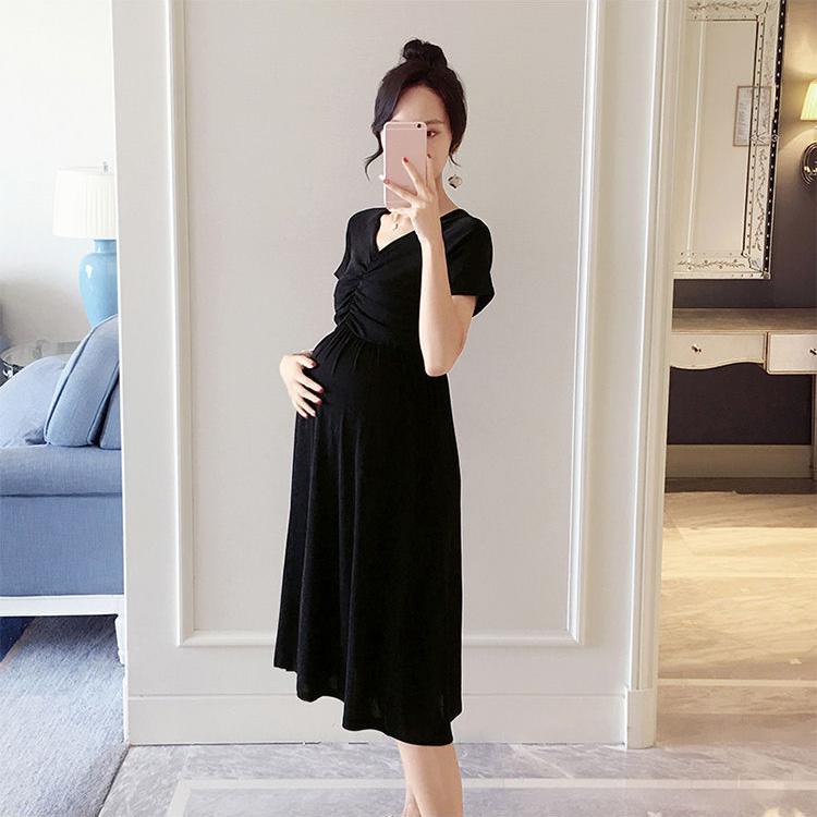 Maternity Clothes Short Sleeve Dress Mid-length Loose Plus Size V-Neck High Waist Over The Knee Skirt
