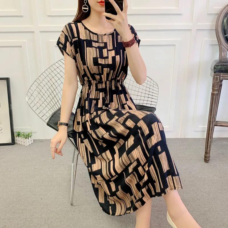 Summer Plus Size Long Dress Bow Tie Print Short Sleeve Dress Casual Comfort Cotton Dresses  for Youth Lady