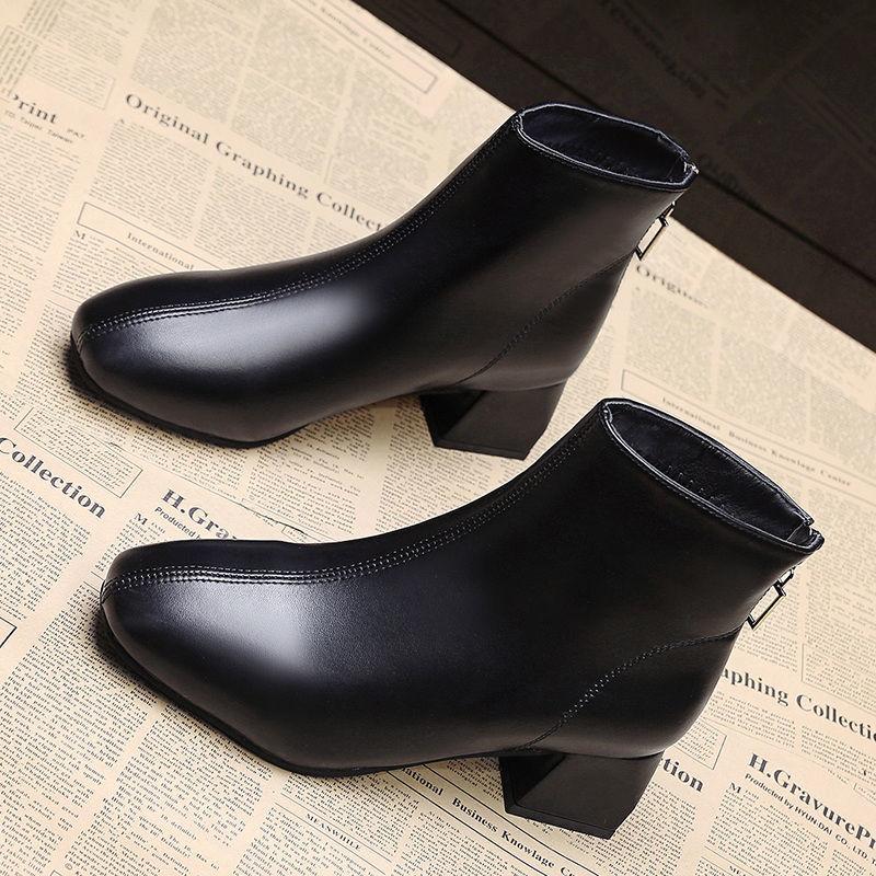 Women's Thick Heel Short Boots Autumn and Winter Trend All-match High-heeled Boots Short Tube High-top Shoes Square Toe Plus Fleece Boots