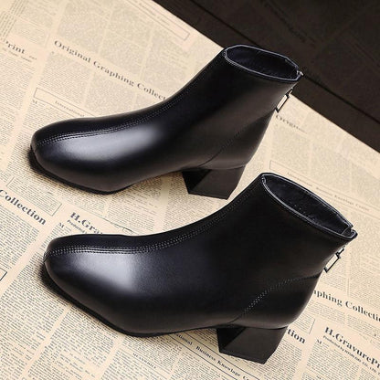 Women's Thick Heel Short Boots Autumn and Winter Trend All-match High-heeled Boots Short Tube High-top Shoes Square Toe Plus Fleece Boots