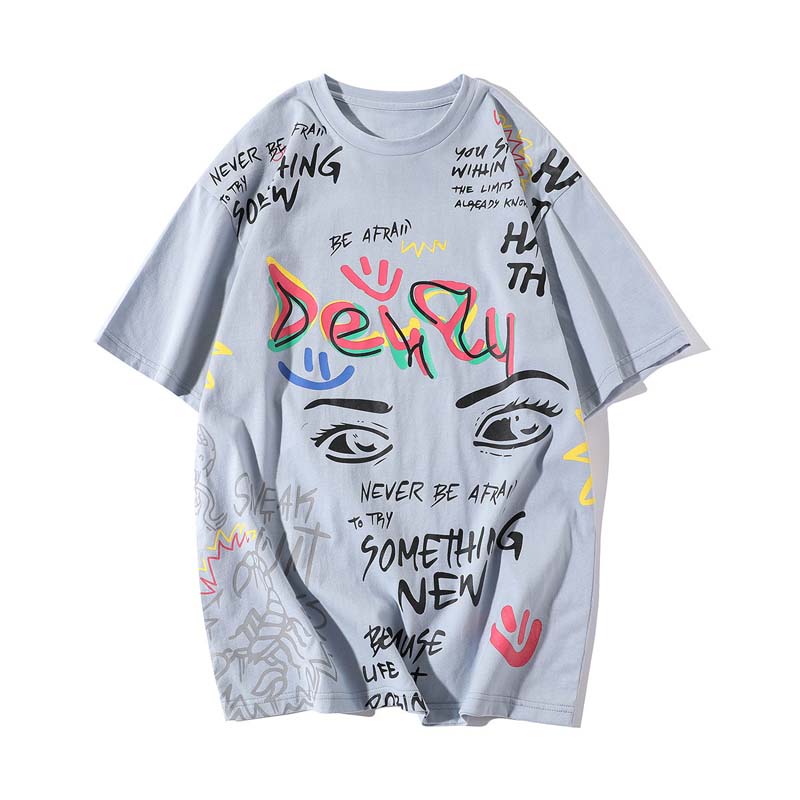 2021 Spring Men's Fashion Hand-painted Graffiti Printing Men's Loose Round Neck Short-sleeved T-shirt