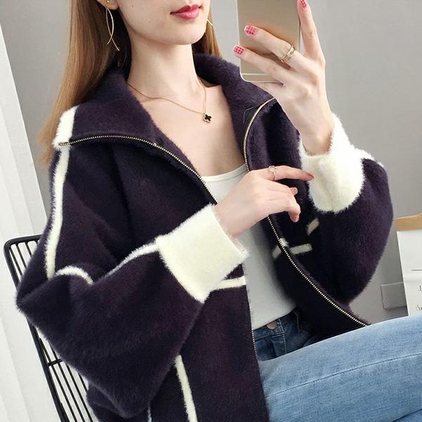 Mink Fleece Knitted Cardigan Women's Autumn and Winter Long-sleeved Loose Sweater Short College Style Jacket
