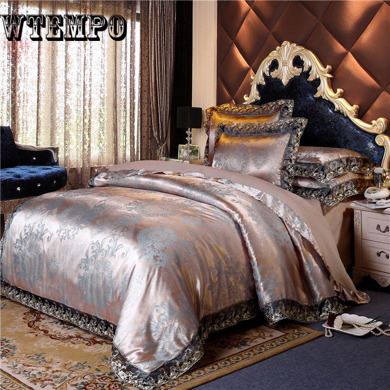 4PC Luxury Silk Cotton Satin Jacquard Bedding Set Duvet Cover Bed Sheet Pillowcases Bedclothe