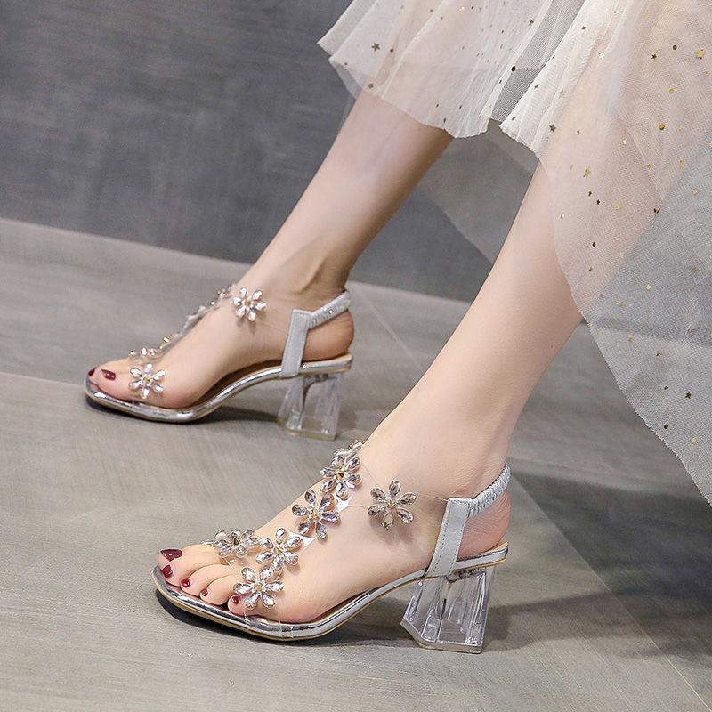 Women's Summer Roman Sandals All-match Fashionable Women's Shoes Crystal Transparent Chunky Heel High Heels