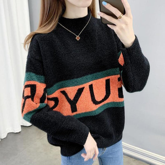 Autumn Winter  Women Fashion Sweater Casual Knitting Sweater Half Turtleneck Pullovers Loose Casual Long Sleeve Sweater