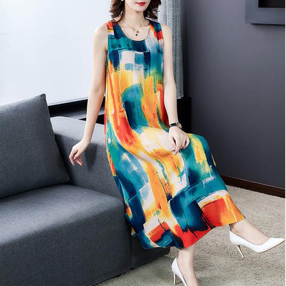 M-XXXXL Summer Ethnic Print Satin Fabric Dress Round Neck Mom Loose Slim Mid-length Vest Skirt Daily