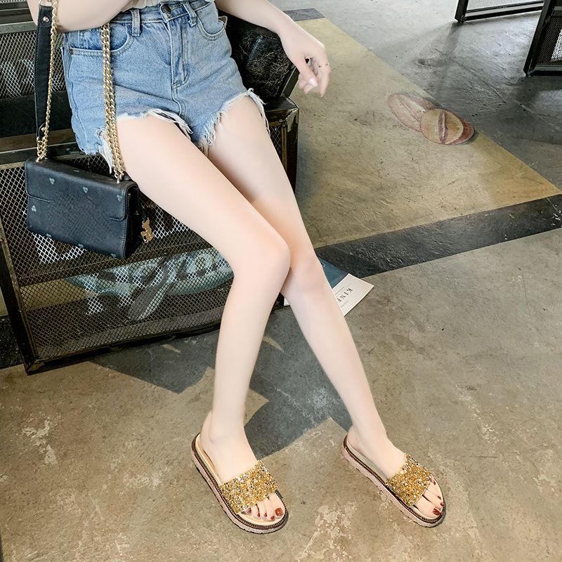 Slippers Women’s Summer Fashion Outer Wear Sponge Cake Thick Bottom Flip Flops Sequins Sandals Flat Sandals Beach Shoes