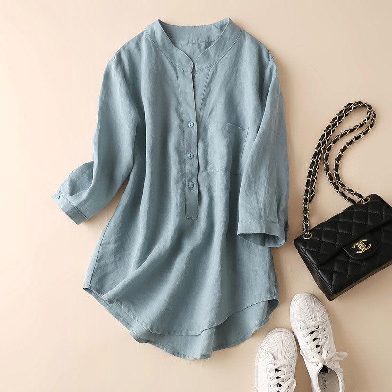 Cotton Stand Collar Shirt Women's Spring and Summer Cotton Linen Three-quarter Sleeves Simple Loose Large Size Casual Blouses