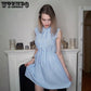 Women Summer Dresses Sleeveless Light Blue Sweet Mini Dress Bandage Collar Plaid Casual Dress Sexy Plus Size Slim Clothes