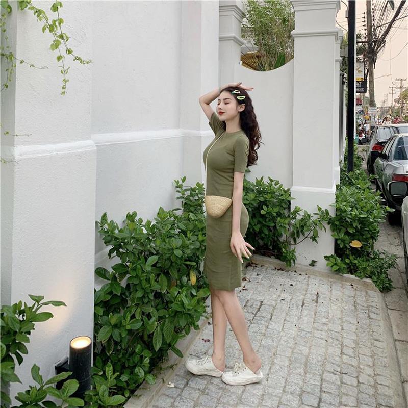 Ladies Sexy Short Sleeves Mid-lengthTight-fitting Stretch-wrapped Hip Skirt Waist Slim Dress