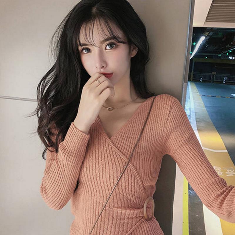 Pofulove sexy irregular long sleeve knitted bottoming shirt, V-neck tight sweater women