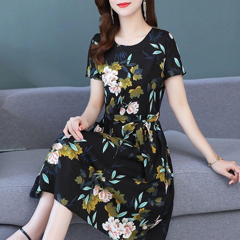 Spring Summer Women Floral Printing Dress Summer Short Sleeve Slim Shirt Big Hem Short Skirt