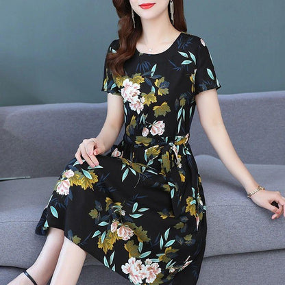 Spring Summer Women Floral Printing Dress Summer Short Sleeve Slim Shirt Big Hem Short Skirt