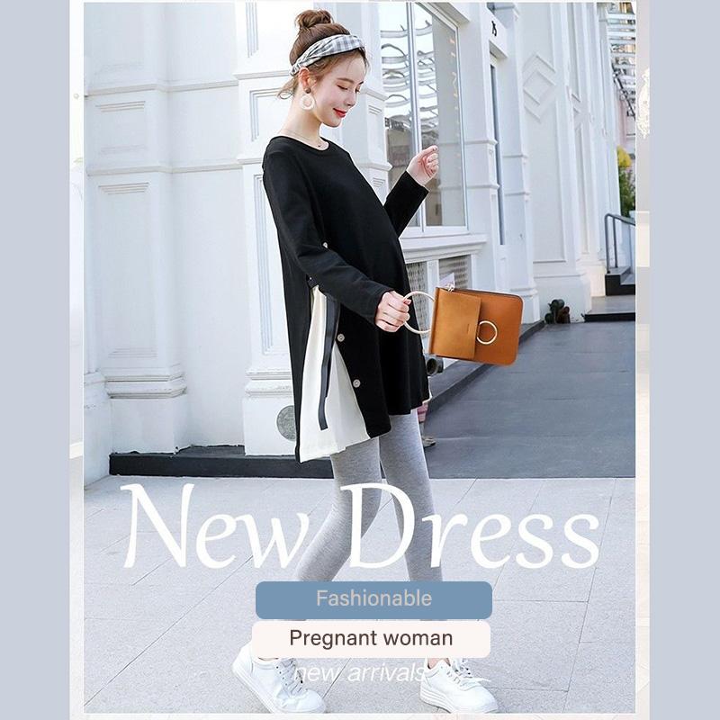 Maternity Clothes Long Sleeve Dress Mid-length Loose Plus Size Round Neck Skirt Buttons Ribbon