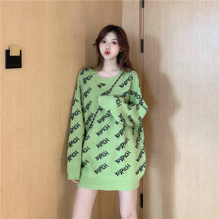 Women Letter Knitwear Crew Neck Loose Knitting Pullover Chic Solid Color Jumper Sweater Top
