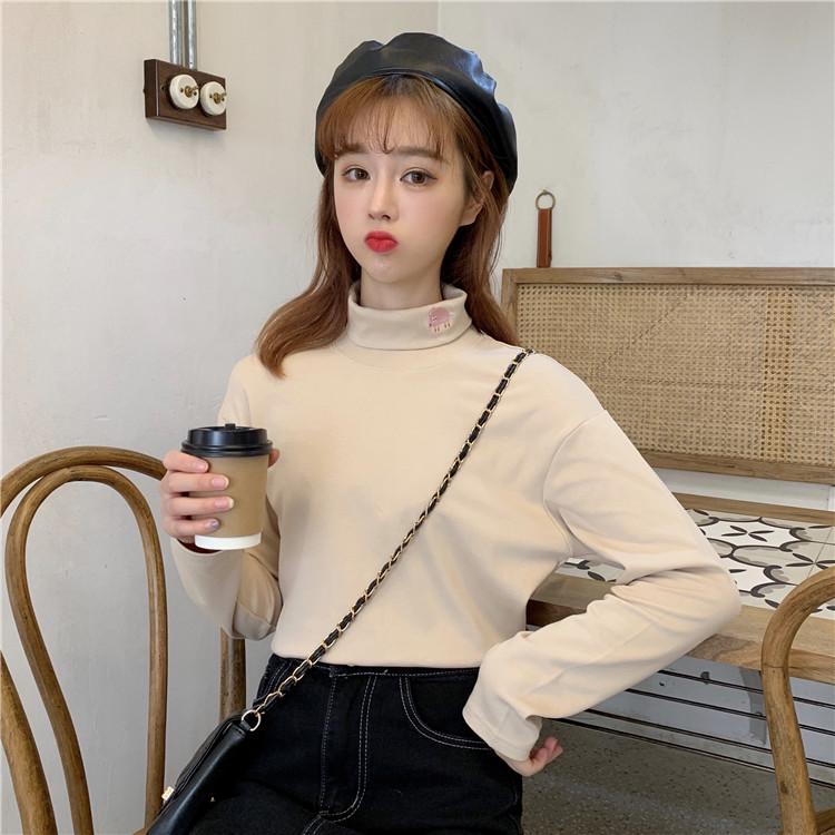Pofulove Winter Long-sleeved T-shirt Women Plus Velvet Turtleneck Bottoming Shirt Slim Wild Clothes