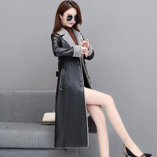 Leather Trench Coat Winter Long Sheepskin Coat Women Plus Velvet Thick Warm Leather Coat Black Overcoat with Faux Fur Inside