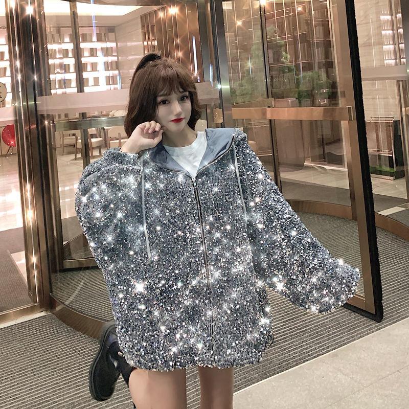 Starry Sky Hooded Zipper Jacket Women's Loose Short Glossy Jacket Regular Jacket Women's Spring and Autumn Seasons
