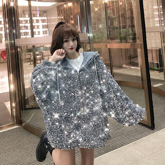 Starry Sky Hooded Zipper Jacket Women's Loose Short Glossy Jacket Regular Jacket Women's Spring and Autumn Seasons
