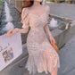 Net Yarn Splicing Floral Short Sleeve Mermaid Skirt  Women's Summer Dress Printing Knee-length Daily Wear Office Dating Party